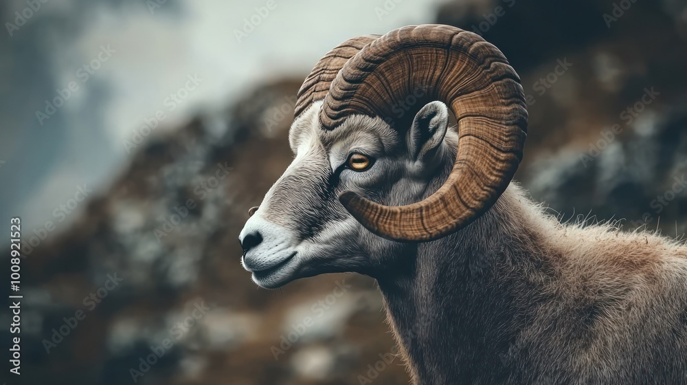 A close-up of a majestic ram with large, curled horns against a blurred background. A close-up of a majestic ram with large, curled horns against a blurred background.