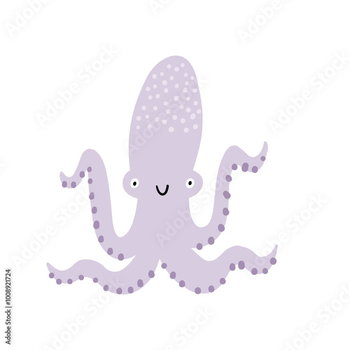 Cute cartoon undersea world. Deep Ocean animal - octopus. Vector border in flat style
