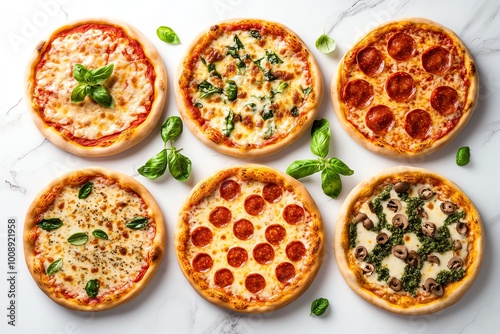 A colorful assortment of six delicious pizzas topped with fresh ingredients, perfect for any gathering or food photography.