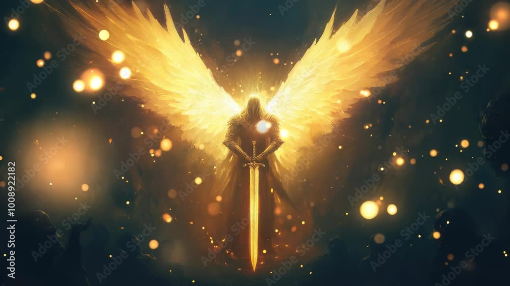 Angelic warrior wielding sword amidst fantastical enemies. Enchanted battle scene with mystical beings. Celestial conflict concept.
