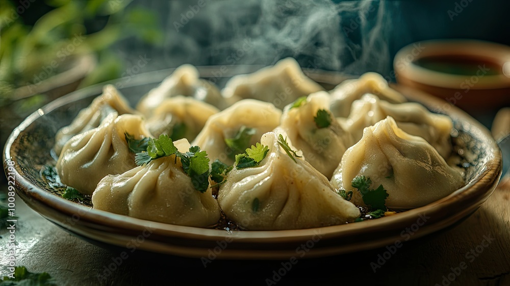 A beautifully arranged plate of steaming momos on a textured surface, garnished with fresh herbs,