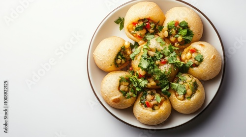 A beautifully arranged plate of pani puri with a few puris filled with spicy water and garnished with fresh herbs, set against a clean white background,