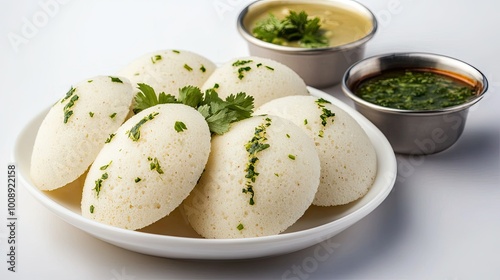 A beautifully arranged plate of soft idlis garnished with fresh cilantro and served with coconut chutney and sambar, set against a clean white background,