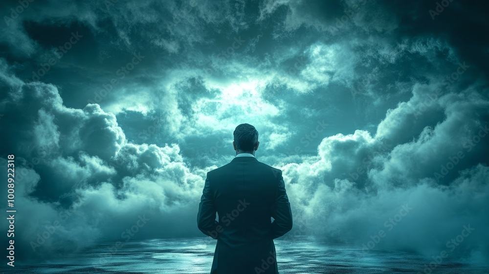 A man in a suit stands in front of a cloudy sky A man in a suit stands in front of a cloudy sky