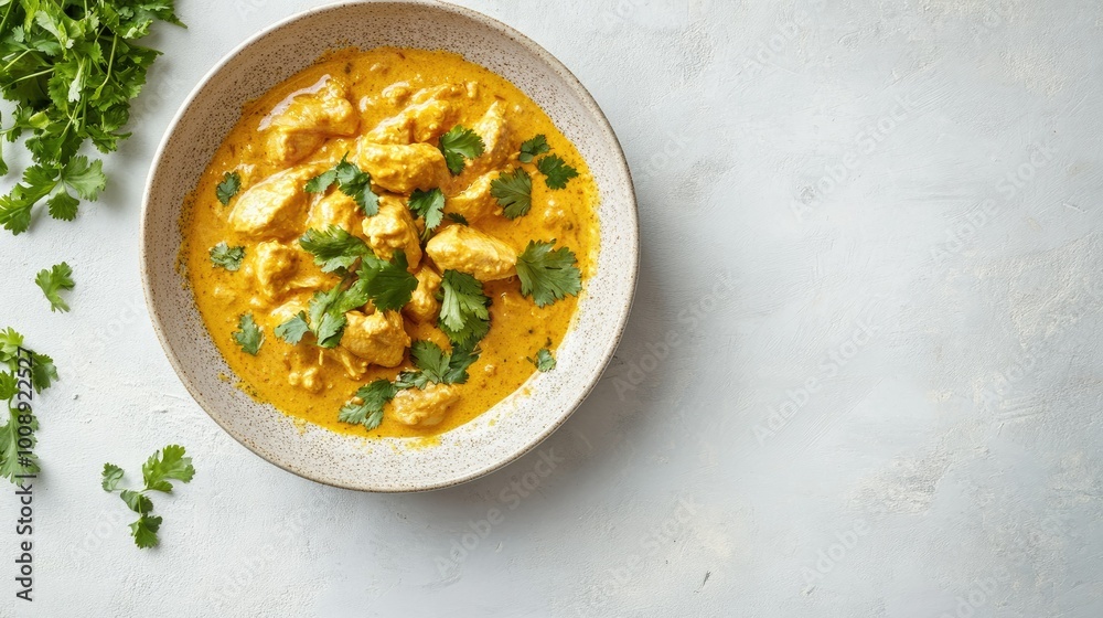 A beautifully plated chicken korma with fresh herbs, set against a neutral background, creating a clear area for text overlay or marketing purposes. A beautifully plated chicken korma with fresh herbs, set against a neutral background, creating a clear area for text overlay or marketing purposes.