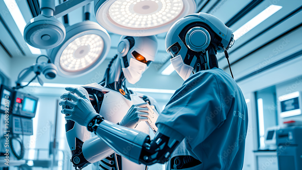 Team of surgeons working in operating room. Group of surgeons in operating room with robot. Team of surgeons working in operating room. Group of surgeons in operating room with robot.