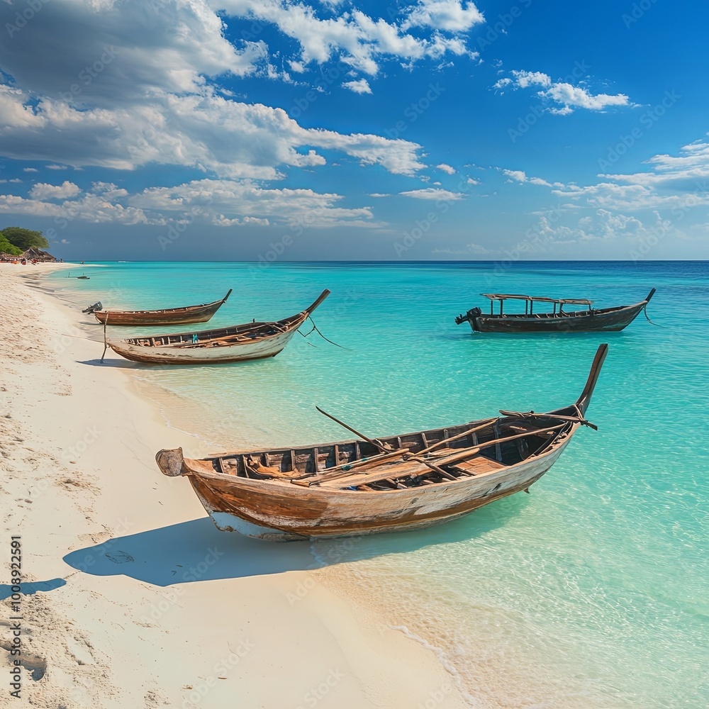 View of tropical sandy Nungwi beach and traditional wooden dhow boats in the Indian ocean on Zanzibar, Tanzania