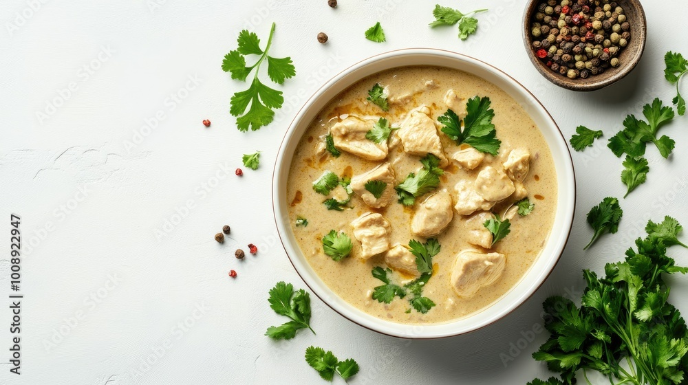 A bowl of creamy chicken korma surrounded by fresh herbs and spices, positioned against a clean background, creating a perfect area for captions or branding. A bowl of creamy chicken korma surrounded by fresh herbs and spices, positioned against a clean background, creating a perfect area for captions or branding.