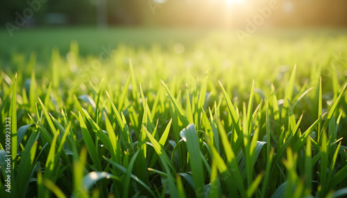 Close-up of fresh green grass with soft sunlight creating a serene and peaceful atmosphere