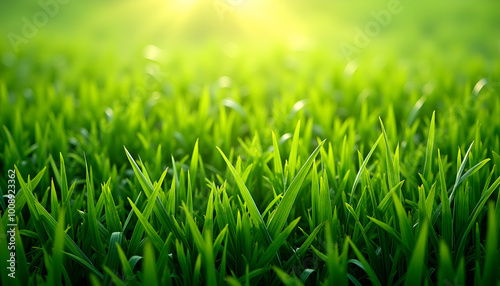 Vibrant green grass illuminated by warm sunlight creating a fresh and lively atmosphere 