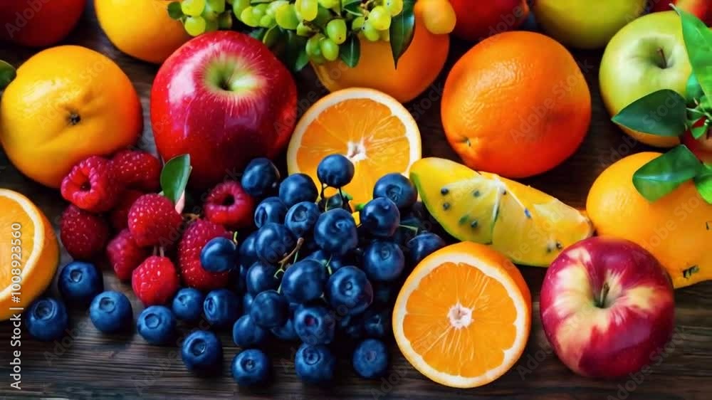 A vibrant assortment of fresh fruits arranged on a wooden surface. A vibrant assortment of fresh fruits arranged on a wooden surface.