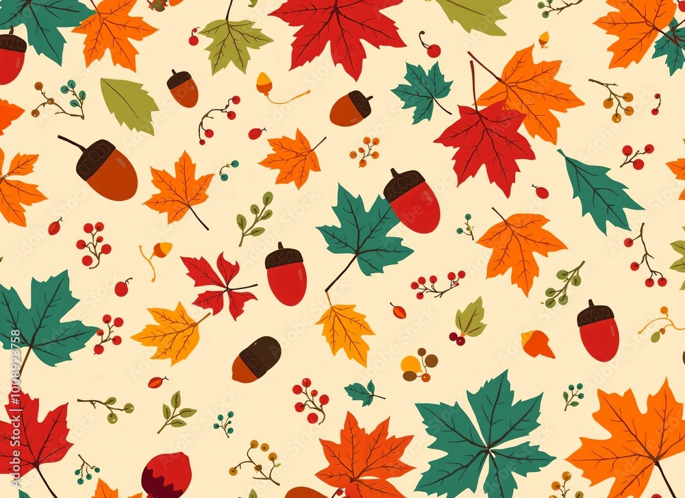 Autumn Leaves and Acorns Pattern - Fall Season Nature Illustration