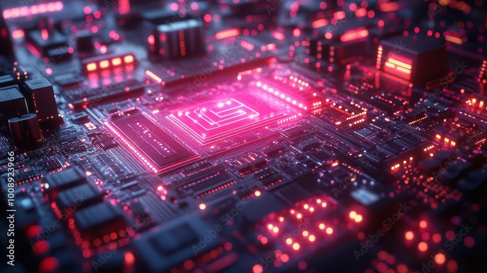 Fototapeta premium futuristic scene featuring innovative electronic gadgets and devices showcasing sleek designs and advanced technology set against a digital backdrop pulsating with vibrant colors