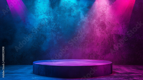 The concert on stage background with flood lights,Empty interior with stage and shining projectors,Colorful stage background