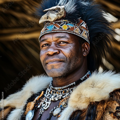 Zulu warrior in traditional dress in Khula Zulu Village in the near of Santa Lucia in South Africa photo