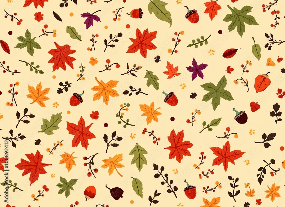 Autumn Leaves and Acorns Pattern - Fall Season Nature Illustration Autumn Leaves and Acorns Pattern - Fall Season Nature Illustration
