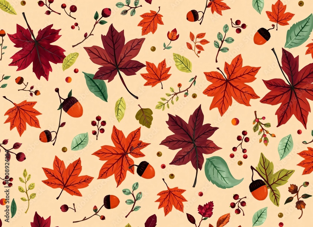 Fototapeta premium Autumn Leaves and Acorns Pattern - Fall Season Nature Illustration