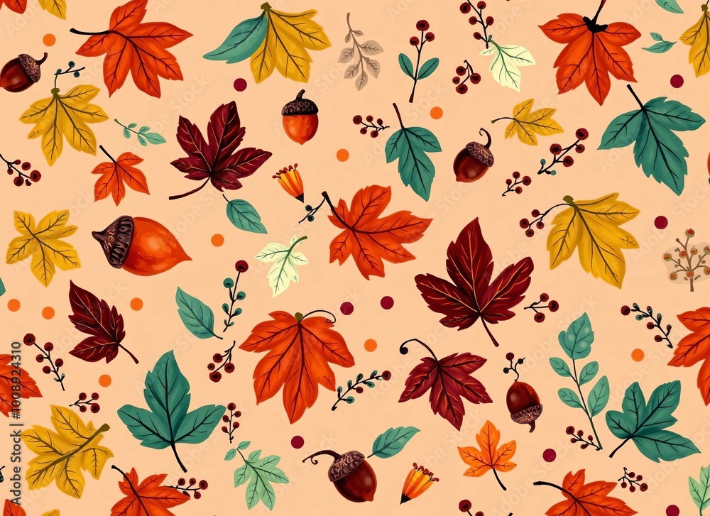 Autumn Leaves and Acorns Pattern - Fall Season Nature Illustration Autumn Leaves and Acorns Pattern - Fall Season Nature Illustration