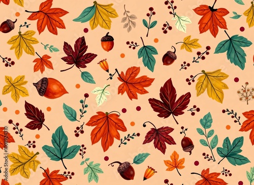 Autumn Leaves and Acorns Pattern - Fall Season Nature Illustration