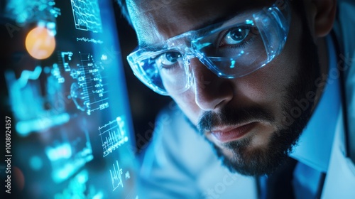 Wallpaper Mural A close-up front view of a doctora??s face as they study AI-driven data on a holographic display to diagnose a disease. Torontodigital.ca