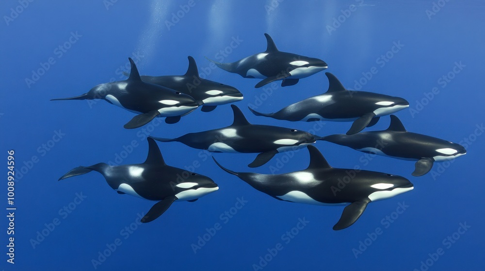 Obraz premium A group of orcas swimming together in a deep blue ocean.