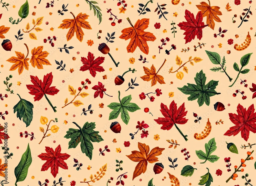 Fototapeta premium Autumn Leaves and Acorns Pattern - Fall Season Nature Illustration