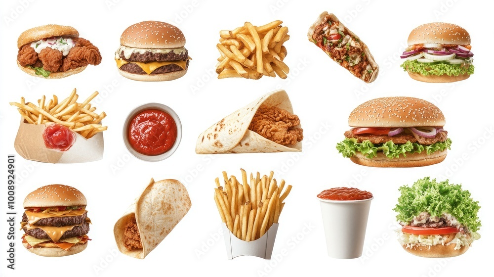 A collection of fast food classics including crispy fries, fried chicken, pizza, tacos, shawarma, burritos, and burgers, all isolated on a white background. Close-up of fast foods. A collection of fast food classics including crispy fries, fried chicken, pizza, tacos, shawarma, burritos, and burgers, all isolated on a white background. Close-up of fast foods.
