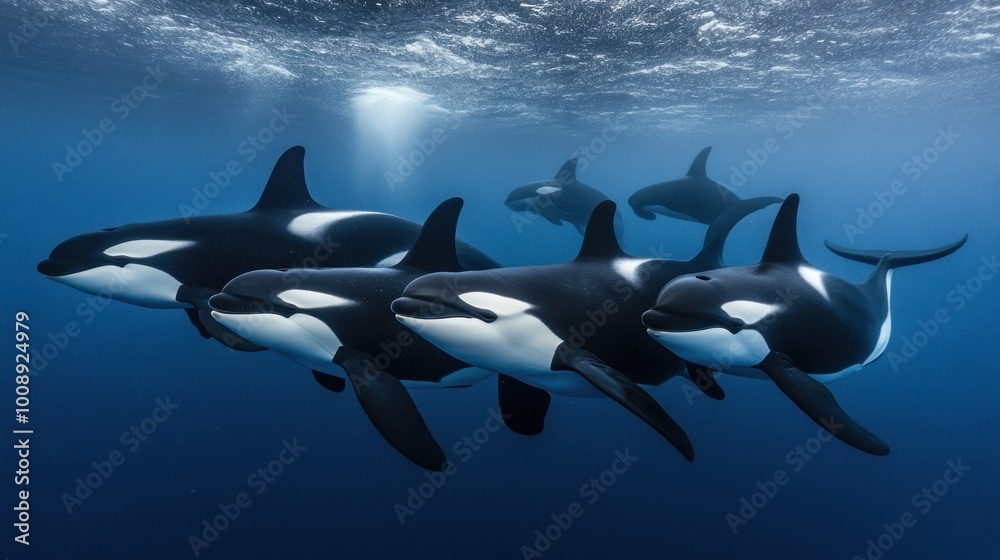 A group of orcas swimming gracefully underwater in a clear blue ocean. A group of orcas swimming gracefully underwater in a clear blue ocean.