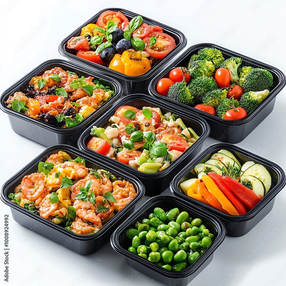 A vibrant selection of healthy meal prep boxes filled with colorful vegetables and proteins, ideal for balanced eating. A vibrant selection of healthy meal prep boxes filled with colorful vegetables and proteins, ideal for balanced eating.