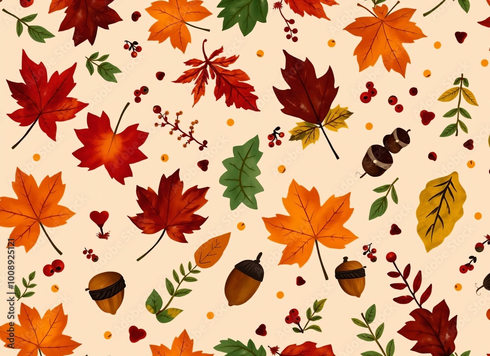Autumn Leaves and Acorns Pattern - Fall Season Nature Illustration Autumn Leaves and Acorns Pattern - Fall Season Nature Illustration