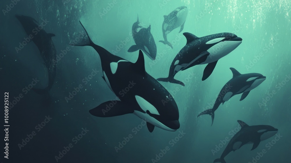 Obraz premium A serene underwater scene featuring a group of orcas swimming together.