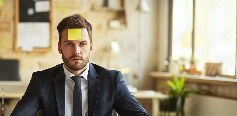 Fototapeta premium Frustrated businessman in a suit with a sticky note on his forehead, sitting in an office, looking tired, copy space, selective focus