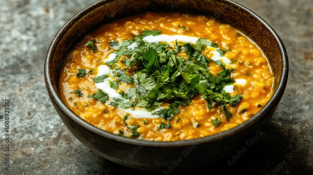 A comforting bowl of dal with herbs and a swirl of yogurt, set on a textured surface, A comforting bowl of dal with herbs and a swirl of yogurt, set on a textured surface,