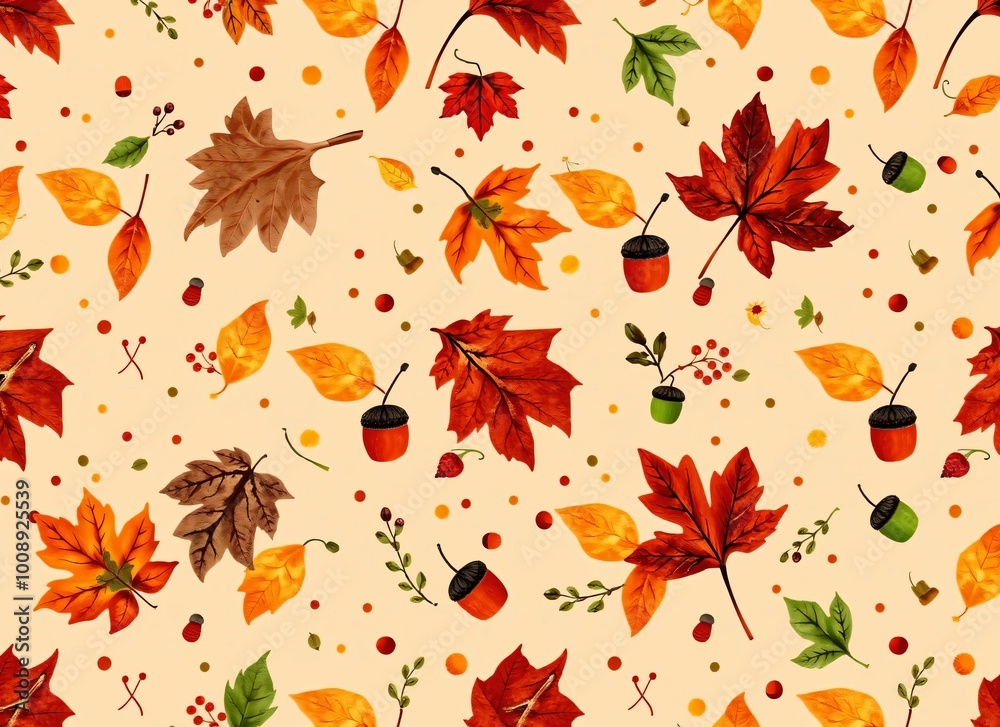 Autumn Leaves and Acorns Pattern - Fall Season Nature Illustration Autumn Leaves and Acorns Pattern - Fall Season Nature Illustration