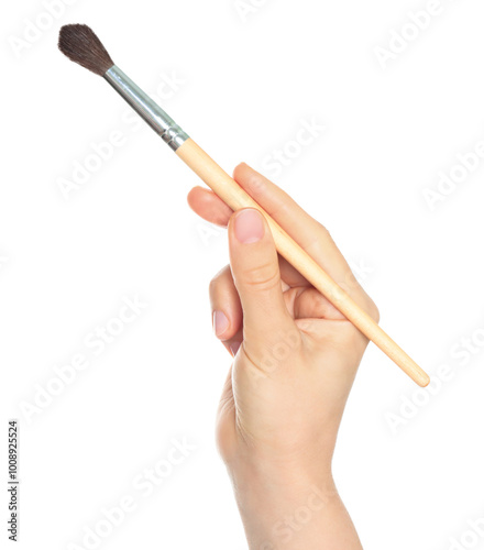 Woman hand holds paint brush, isolated on transparent background, painting and design concept