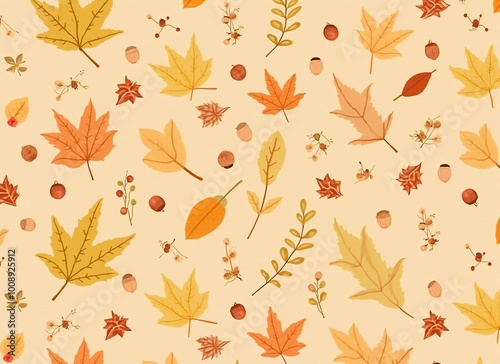 Autumn Leaves and Acorns Pattern - Fall Season Nature Illustration