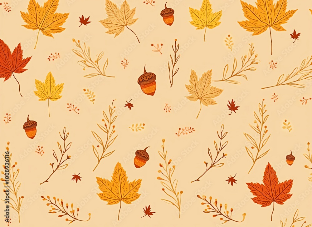 Fototapeta premium Autumn Leaves and Acorns Pattern - Fall Season Nature Illustration