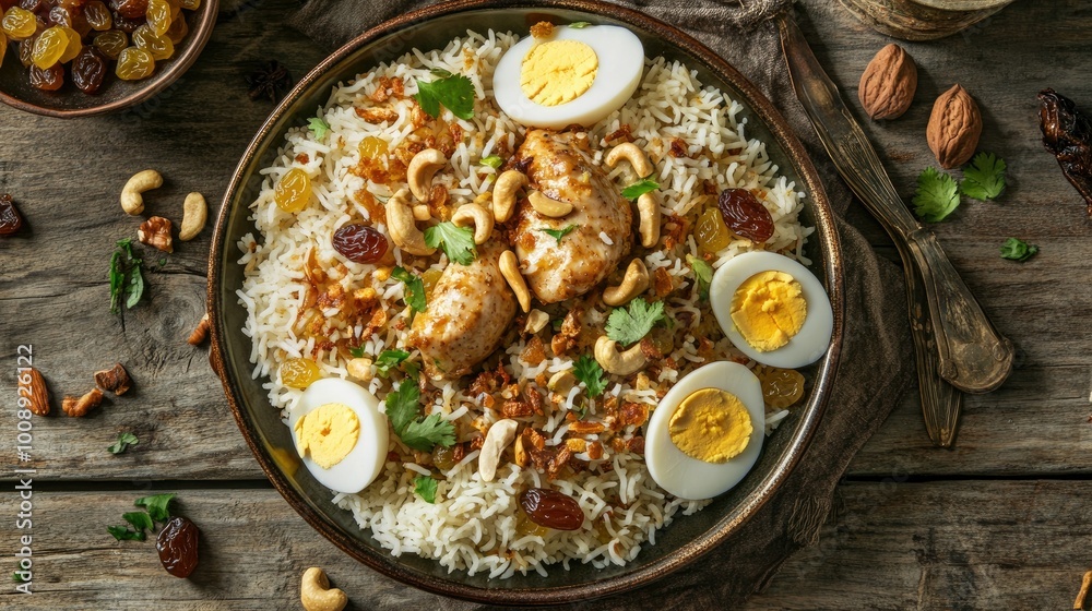 A delicious top view of chicken pulao, garnished with fried onions, boiled eggs, crunchy nuts, and plump raisins A delicious top view of chicken pulao, garnished with fried onions, boiled eggs, crunchy nuts, and plump raisins