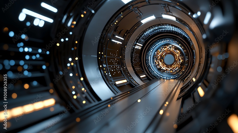 Dynamic digital tunnel with looping infinity patterns and vibrant lights, 3D illustration Dynamic digital tunnel with looping infinity patterns and vibrant lights, 3D illustration
