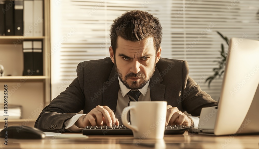 Focused businessman typing on a keyboard with a serious expression, sitting at a desk with a coffee cup and papers, office setting, copy space, selective focus
Focused businessman typing on a keyboard with a serious expression, sitting at a desk with a coffee cup and papers, office setting, copy space, selective focus