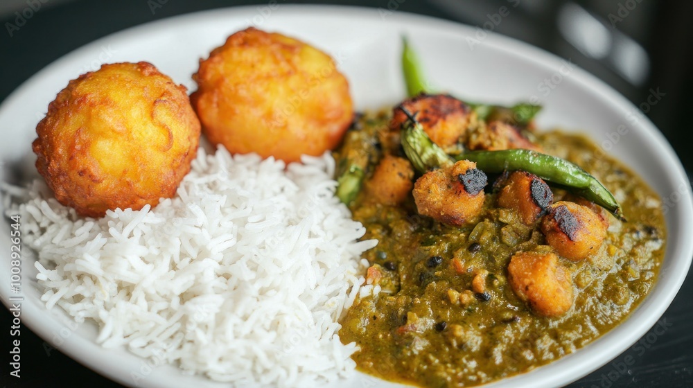 A plate featuring rice, green curry, and fried dumplings. A plate featuring rice, green curry, and fried dumplings.