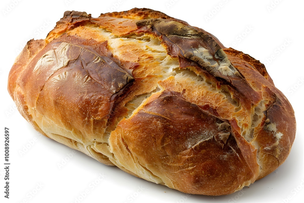 Rustic Sourdough Bread Loaf with Cracked Crust on White Background Isolated Food Photograph Rustic Sourdough Bread Loaf with Cracked Crust on White Background Isolated Food Photograph