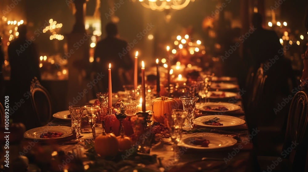 A spooky Halloween dinner party with elegantly set tables and guests in creative costumes mingling. A spooky Halloween dinner party with elegantly set tables and guests in creative costumes mingling.