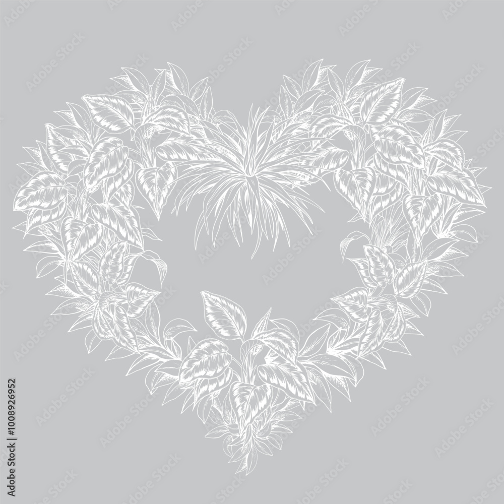 Obraz premium Heart-shaped floral illustration. Hand drawn tropical plants. Botanical illustration for St-Valentine's day cards.