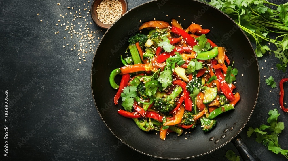 A dynamic overhead view of a wok brimming with bright, stir-fried vegetables, garnished with sesame seeds and fresh herbs, showcasing the beauty