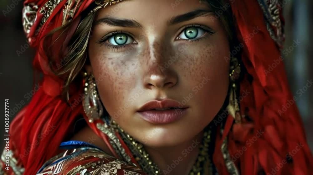 A portrait of a woman with striking green eyes and freckles, adorned in vibrant cultural attire.