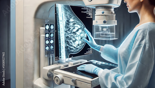Mammogram being performed on patient to detect signs of breast cancer. breast tissue on mammogram screen, potential calcifications, masses, abnormal structures. Focus on the medical equipment.