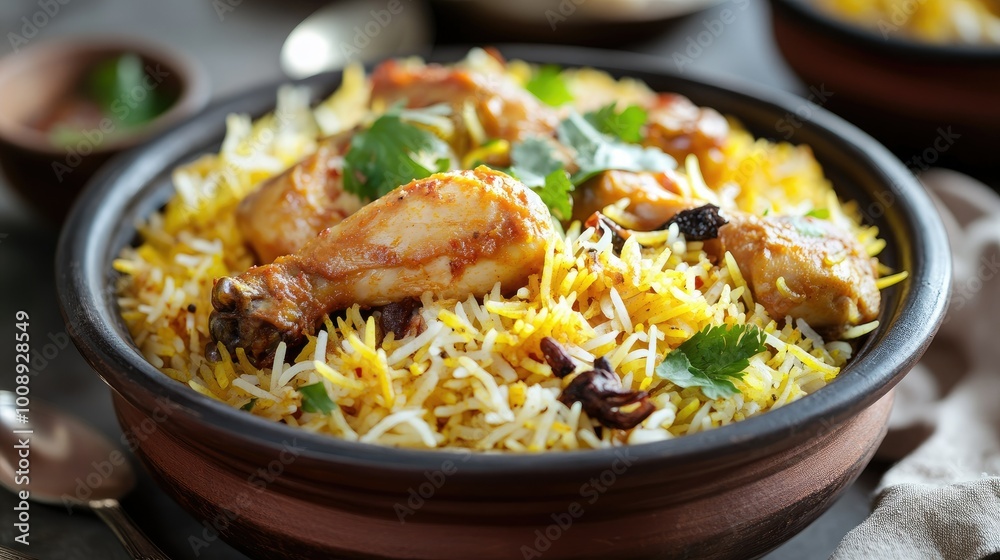 A flavorful Indian chicken biryani presented in a clay pot, featuring golden saffron rice, succulent chicken pieces, A flavorful Indian chicken biryani presented in a clay pot, featuring golden saffron rice, succulent chicken pieces,