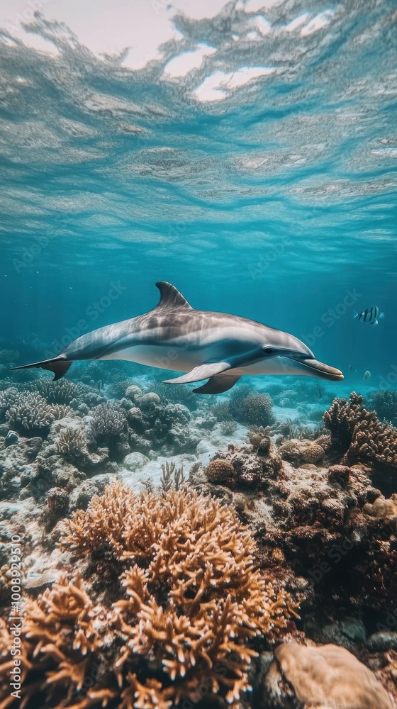 Naklejka premium A dolphin swims gracefully over vibrant coral reefs in a clear underwater scene.