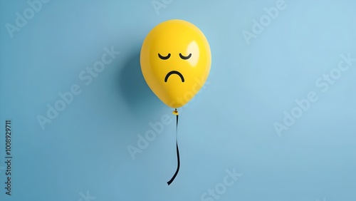 Yellow balloon with a sad face isolated on a blue backgroun. Emotive illustration of sadness, perfect for expressing negative emotions or moods.